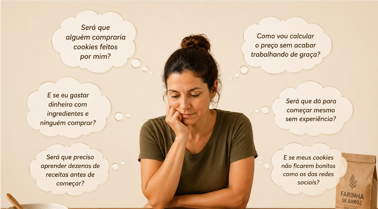 Mulher pensativa cercada por balões desenhados com dúvidas sobre começar a vender cookies