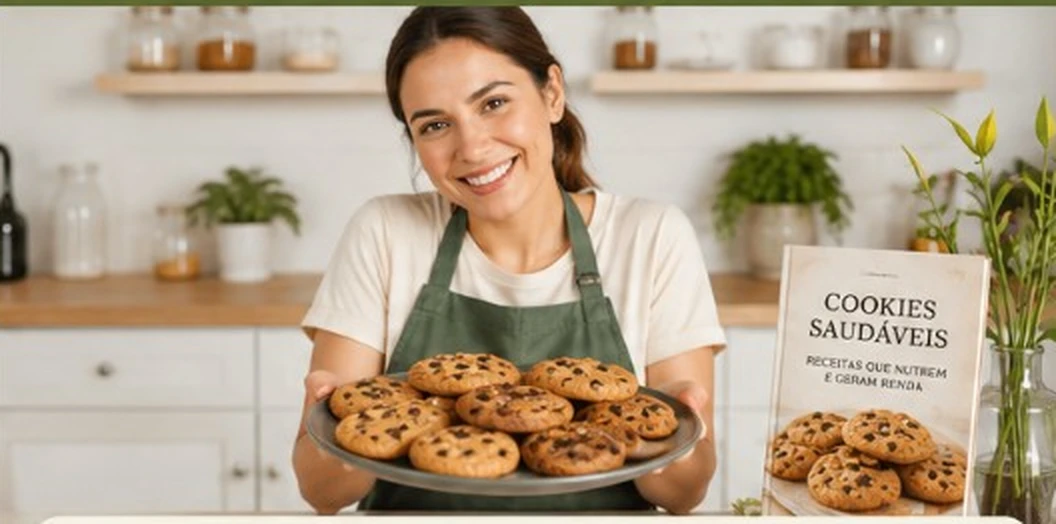 Confeiteira feliz com cookies saudáveis em cozinha clara