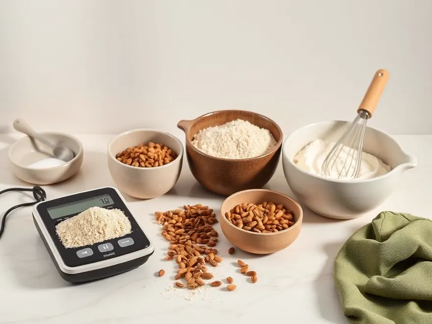 Ingredientes organizados com balança digital e utensílios de confeitaria